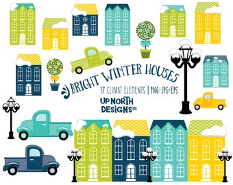 Bright winter houses with lampposts and snowy rooftops cute pick up truck illustrations and topiary clipart