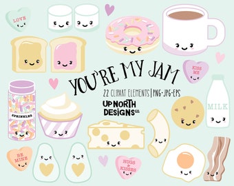 Valentine's day kawaii clipart cookies and milk peanut butter and jelly coffee and donut clipart love clipart candy hearts kawaii avocado