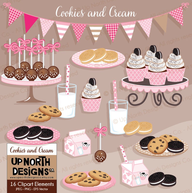 Cookies And Cream Clipart Chocolate Chip Cookie Clipart Cookies N Cream ClipArt Cake Pop and cupcake Personal and Commercial Use image 1
