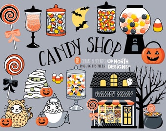 Halloween clipart Candy shop and tricker treaters halloween gum ball machine candy corn for spooky halloween decorations and invitations