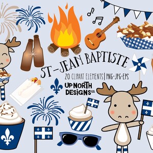 May include: A set of 20 clipart elements for St-Jean Baptiste Day, a Canadian holiday. The clipart includes a moose, fireworks, a campfire, a guitar, poutine, a beer, a flag, a cupcake, sunglasses, and more. The clipart is in a cartoon style and is perfect for creating invitations, cards, and other festive crafts.