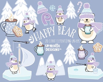 Bear clipart bear skating fishing on iceberg cute bear holding a hot chocolate and a cookie bear sailing on iceberg illustration