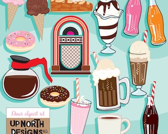 Clipart cena Illustrazione caffè clipart galleggiante birra alla radice Jukebox Gelato frappè Clipart ciambella torta di mele Licenza commerciale personale