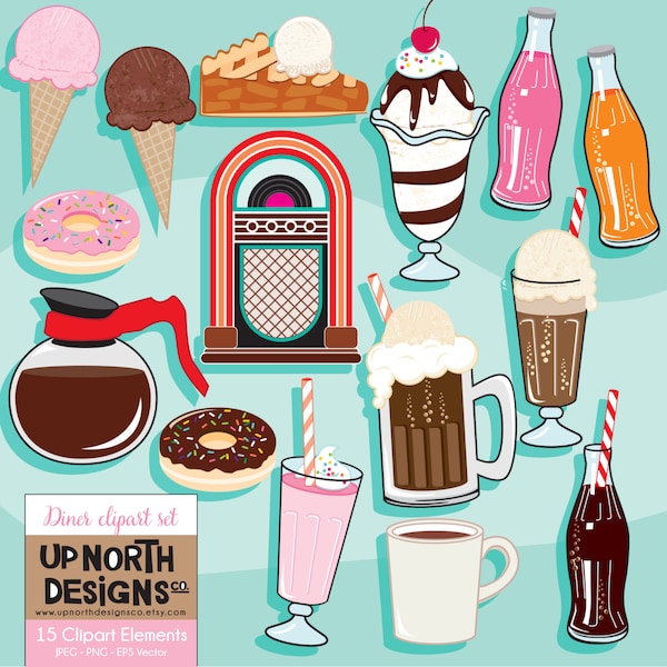 Diner Clipart Kaffee Abbildung Rootbeer Float Clipart Jukebox Milchshake Eisbecher Donut Clipart Apfelkuchen persönliche kommerzielle Lizenz