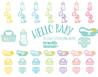 New baby Breastfeeding clipart baby bottles baby bath diaper breast pump and baby wipes in 7 colours each baby shower welcome baby pastel