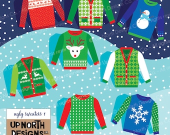 May include: Eight different ugly Christmas sweater designs. The sweaters feature a variety of holiday themes, including reindeer, snowmen, snowflakes, and Christmas trees. The sweaters are all in bright colors and have a festive feel.
