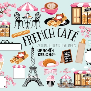 Französischer Café Clipart Croissant Paris Clipart Kaffee Baguette Illustration Kirschblüten und Bistro Tisch und Stühle Brotbäckerei Clipart