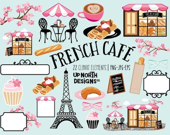French café clipart croissant Paris clipart coffee baguette illustration cherry blossoms and bistro table and chairs bread bakery clipart