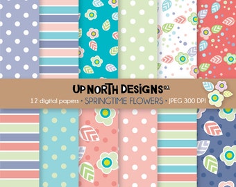 Springtime Flower Digital Paper Bright Floral Scrapbooking Paper Spring Digital Paper Bright flowers and leaves Personal and Commercial Use