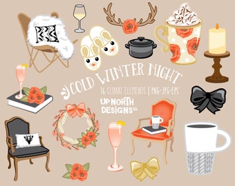 Cold winter night clipart comfy chairs hot chocolate wine and a good book comfort food cozy slippers candle coffee and bows antlers