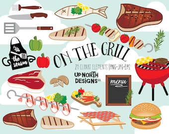 On the Grill clipart Backyard BBQ grilling food steak clipart shrimp brochette party invitations family and friend get together illustration