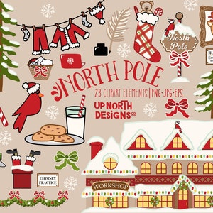 Puede incluir: Un conjunto de 23 elementos de clipart navideños que incluyen un cardenal rojo, un bastón de caramelo, un vaso de leche y galletas, un letrero de Polo Norte, una media roja, un árbol de Navidad, una casa con un letrero de taller y otros elementos festivos.