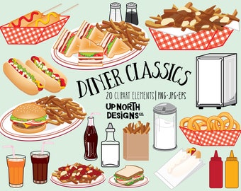 Diner clipart club sandwich onion rings poutine clipart fast food hot dog hamburger and italian poutine sugar dispenser retro napkin box