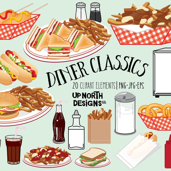 Diner clipart club sandwich rondelles d'oignon poutine clipart restauration rapide hot dog hamburger et poutine italienne distributeur de sucre boîte de serviette rétro