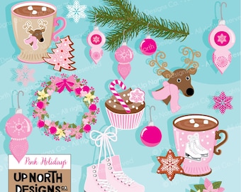 Pink Holidays Clip Art Illustration Set Personal and Commercial Use Christmas Cupcake Hot Chocolate Mug