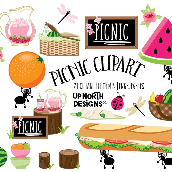 Picnic clipart ants carrying watermelon and a submarine sandwich pink lemonade clipart party illustrations