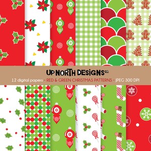 Red and Green Christmas Pattern Paper Set Digital Paper Personal and Commercial Use Gingerbread Cookies