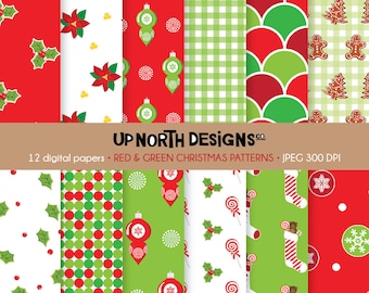 Red and Green Christmas Pattern Paper Set Digital Paper Personal and Commercial Use Gingerbread Cookies