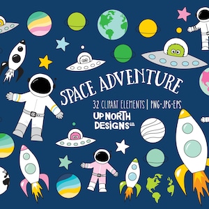Weltraum Clipart beinhaltet Raketen fliegende Untertassen Astronauten Sterne und Planeten ideal für wissenschaftliche Projekte oder Geburtstagseinladungen zum Thema Weltraum