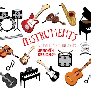 Instrument clipart for your art projects or party invitations electric guitar classical guitar violin piano saxophone flute drums