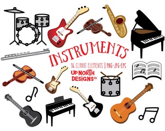 Instrument clipart for your art projects or party invitations electric guitar classical guitar violin piano saxophone flute drums