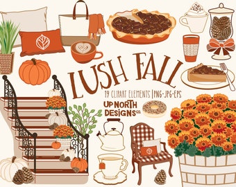 Puede incluir: Un conjunto de 19 elementos de clipart de temática otoñal, que incluyen una calabaza, un pastel, una tetera, una silla, una dona, una escalera, una planta en maceta y mucho más. El texto "LUSH FALL" aparece en la imagen.