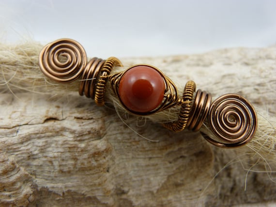 Haarschmuck,Dreadlocks -Perle antik bronze mit roter Jaspis Edelsteinkugel