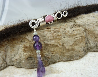 Haarschmuck für Dreadlocks, Braids und Zöpfen, silber mit Amethyst und Rhodonit Edelsteinen