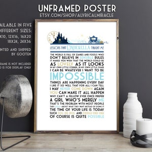 Lessons I Learned From Cinderella Print -- UNFRAMED Wall Art / Musical Theater Gift / Broadway Lyrics / Impossible Quote