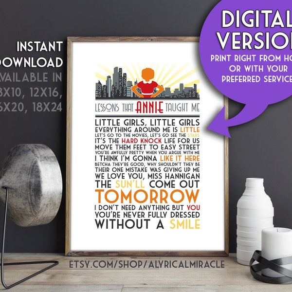 Lessons that Annie Taught Me (Original Ver.) -- DIGITAL Print / Musical Theater Gifts / Wall Art / Tomorrow Quote / Broadway Lyrics