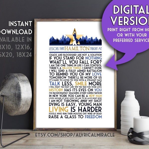 Lessons I Learned from Hamilton (Original Ver). -- DIGITAL Print / Musical Theater Gift / Wall Art / Broadway Lyrics / King George Quote