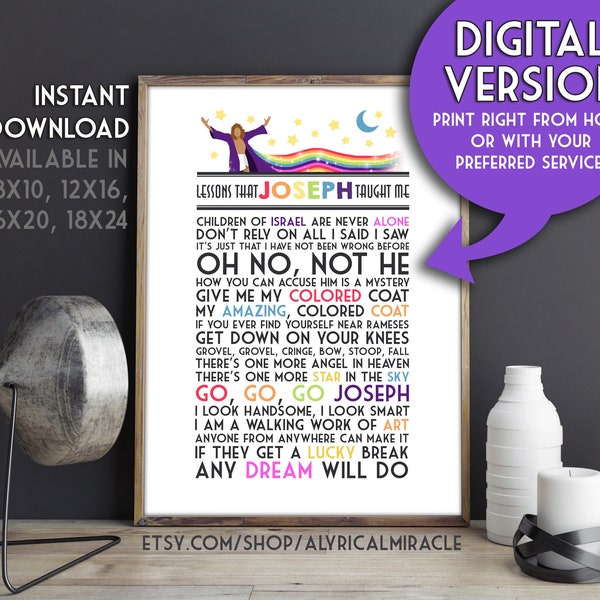 Lessons that Joseph Taught Me -- DIGITAL / Amazing Technicolor Dreamcoat / Musical Theater / Wall Art / Broadway Lyrics / Home Decor