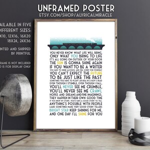 May include: A white poster with blue and yellow text. The poster features lyrics from the song "Bright Star" by Taylor Swift. The lyrics are: "You never know what life will bring, only what you bring to life. It's all going on outside of your door. The sun is gonna shine again. If you want to be a writer, you have to drink alcohol and feel sorry for yourself. You can't expect the future to be just like the past. Sometimes you have to plant an idea in a boy's head. Even though I stumble, even though I fall, you'll never see me crumble, you'll never see me crawl. Hopes and dreams and fine imaginings, they happen in their own good time. If you knew my story, you'd have a good story to tell. Anything's possible with people. Liars sometimes make very good story tellers. Bright star keep shining for me, and one day I'll shine for you."