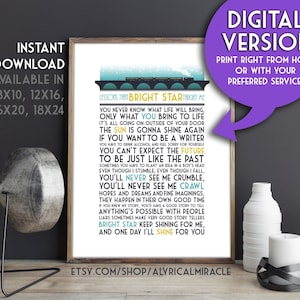 May include: A printable digital download of a motivational quote about life and dreams. The quote is set against a blue and yellow background with a train illustration. The text reads "Lessons that Bright Star Taught Me".
