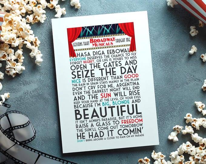 Broadway Musicals Print | Broadway Song Lyrics, Theater Kid Gift, Chicago Poster, Evita Wall Art, Book of Mormon Quote, RENT Home Decor