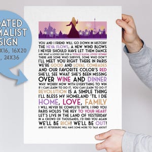 Puede incluir: Una impresión de diseño minimalista con un esquema de color rosa y morado con una cita sobre la revolución, el amor y la familia. La cita dice "You and I friend will go down in history... We'll be rich! We'll be out!"