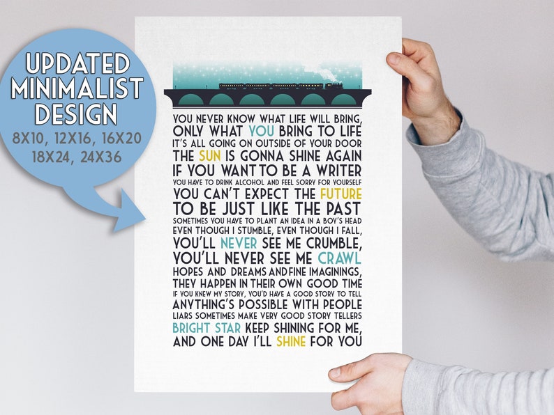 Person holding a minimalist design art print featuring lyrics and quotes from the broadway musical Bright Star. The print includes phrases in various sizes and colors, Sizes available: 8x10, 12x16, 16x20, 18x24, 24x36.