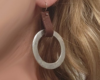 Medium organic rustic hoop earrings with leather loop/ pewter hoop earrings in antique gold or antique silver