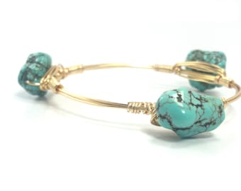 Turquoise nugget bangle bracelet, Turquoise Bourbon and bowties inspired wire wrapped bangle bracelet, Western bracelet, turquoise bangle