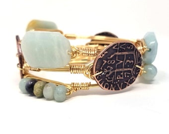 Amazonite bangle, amazonite cluster bangle, bronze coin bangle set of 3 Bourbon and Boweties inspired bracelets