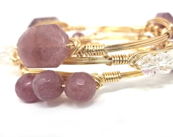 Strawberry quartz  bangle, crystal cluster bangles set of 3 Bourbon and Boweties inspired bracelets