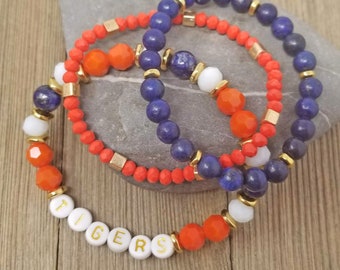 Auburn word bracelet set of 3 stretch bracelets, Tiger bracelets, Auburn game day jewelry, AU Tigers bracelets, AU orange and blue