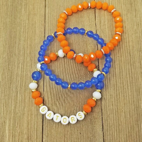 University of Florida  word bracelet set of 3 stretch bracelets, GATOR bracelets, UF gameday jewelry, orange and blue bracelets