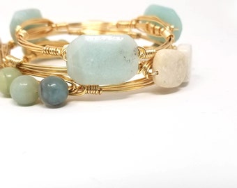 Amazonite bangle, amazonite cluster bangle, fieldstone bangle set of 3 Bourbon and Boweties inspired bracelets