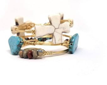 White cross bracelet,  turquoise howlite,  aqua terra jasper bangle set of 3 bracelets/ bourbon and boweties inspired