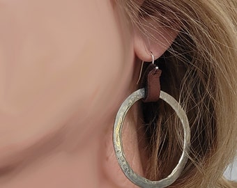Large organic rustic hoop earrings with leather loop/ pewter hoop earrings in antique gold or antique silver