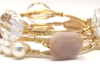 Blush bangle set --Sunstone bangle, crystal oval bracelet, and fresh water pearl cluster bangle set of 3 bracelets