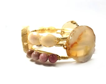 Neutral agate slice bangle, rhodonite bracelet, and one faceted glass bangle, Bourbon and boweties inspired bangle bracelet