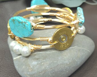 Turquoise slab bracelet, shot gun shell slice bracelet, and pearl bracelet stack, Bourbon and Boweties inspired bangles, set of 3 bangles