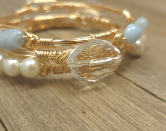 Aquamarine bangle, pearl bangle  and crystal bangle set of 3 wire wrapped stackable bangle bracelets, Bourbon and Boweties inspired set